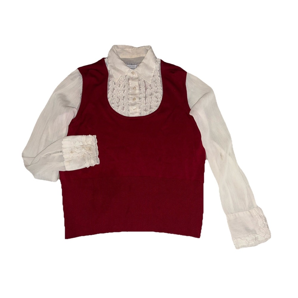 George 2 In 1 Vest Blouse Women's L 12/14 Red/Cream Silk Blend Vintage *flaw